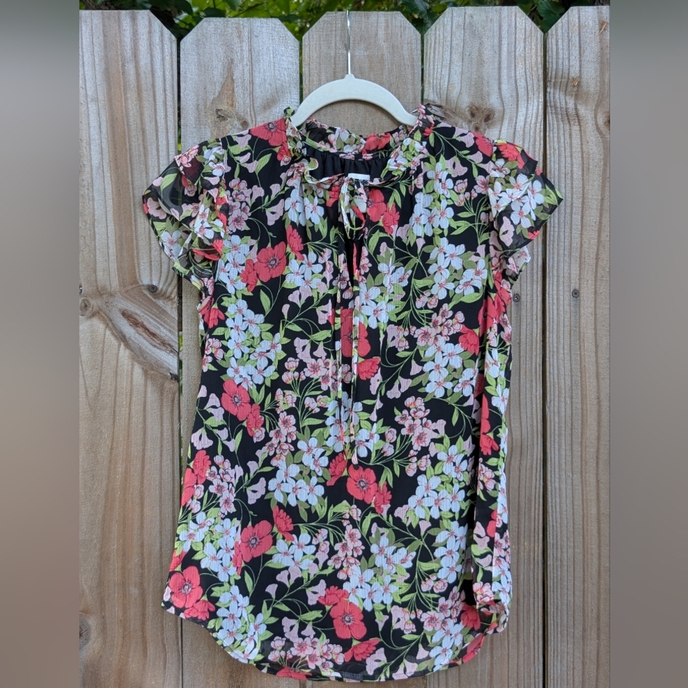 Anne Klein Floral Patterned Ruffle Sleeve Tie Neck Blouse